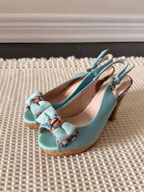 Aqua Slingback Peep-Toe Heels with Decorative Bow
